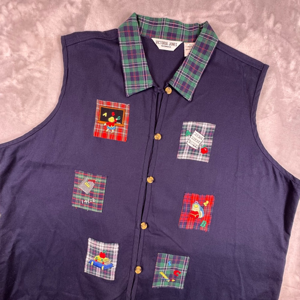Victoria Jones Woman Navy Blue School Teacher Plaid Embroidered Sleeveless Top*